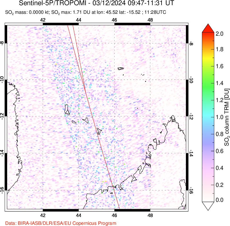 A sulfur dioxide image over Comoro Islands on Mar 12, 2024.