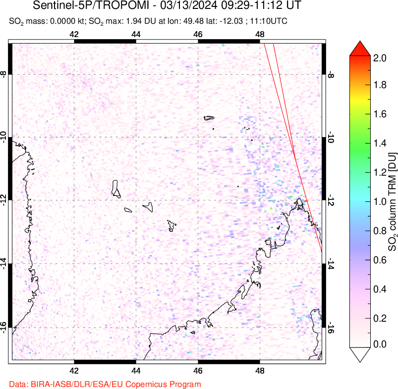 A sulfur dioxide image over Comoro Islands on Mar 13, 2024.