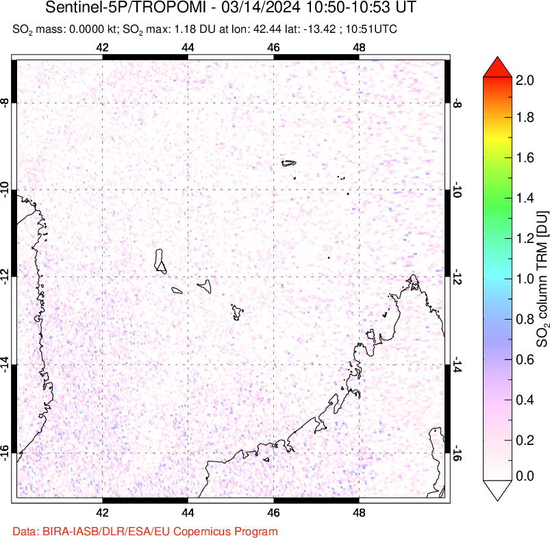 A sulfur dioxide image over Comoro Islands on Mar 14, 2024.