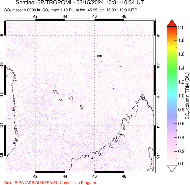 A sulfur dioxide image over Comoro Islands on Mar 15, 2024.