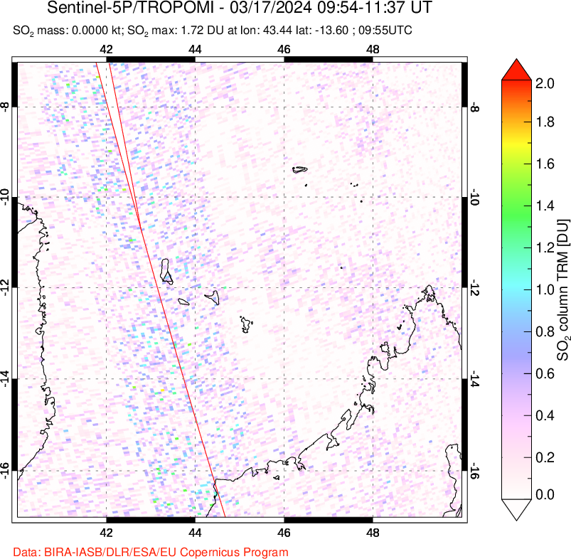 A sulfur dioxide image over Comoro Islands on Mar 17, 2024.