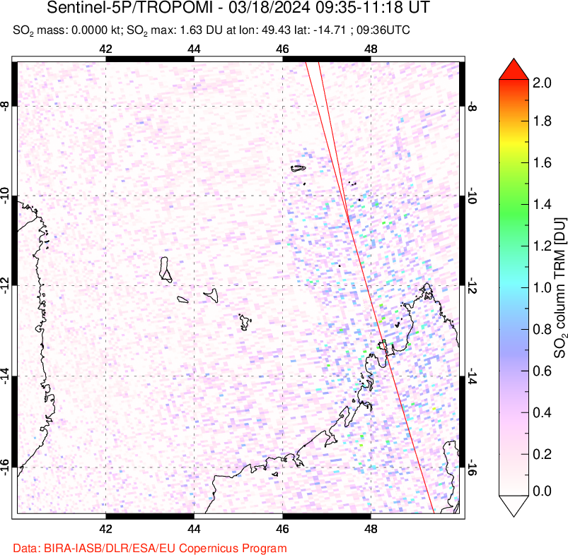 A sulfur dioxide image over Comoro Islands on Mar 18, 2024.