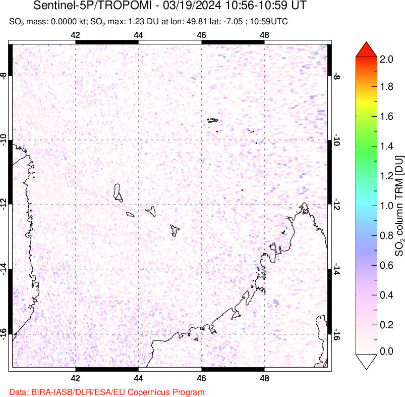 A sulfur dioxide image over Comoro Islands on Mar 19, 2024.