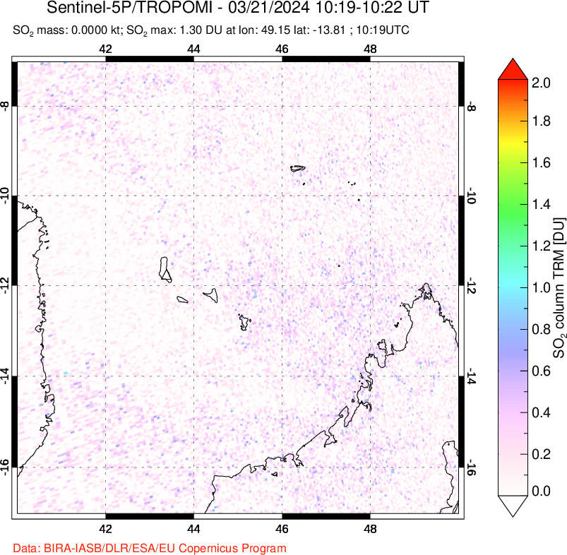 A sulfur dioxide image over Comoro Islands on Mar 21, 2024.