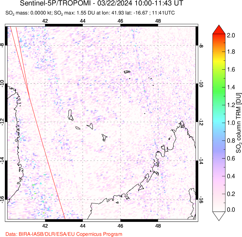 A sulfur dioxide image over Comoro Islands on Mar 22, 2024.