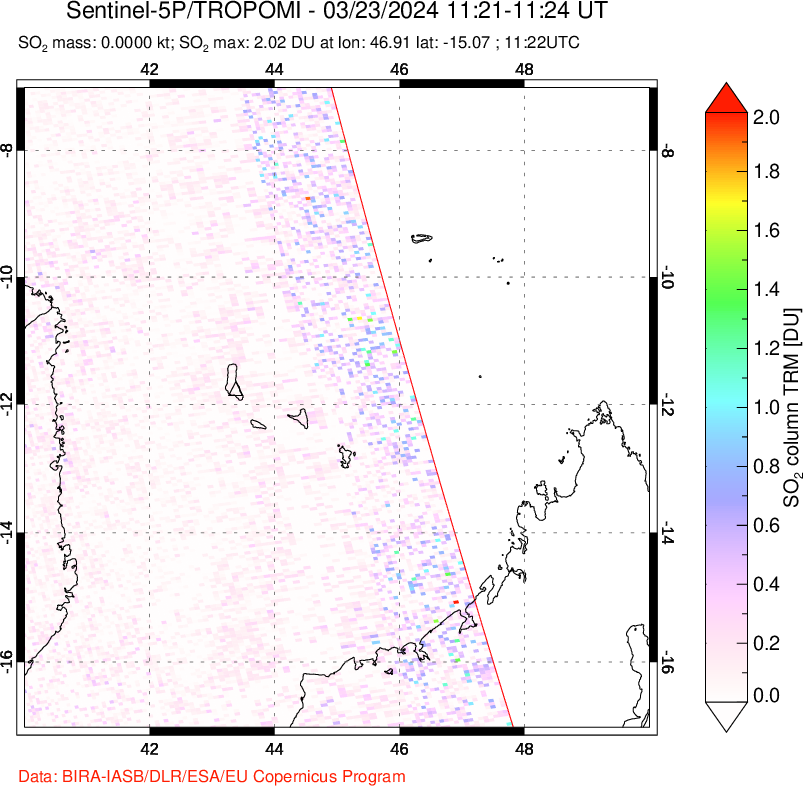 A sulfur dioxide image over Comoro Islands on Mar 23, 2024.