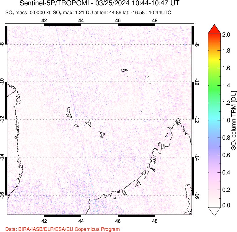 A sulfur dioxide image over Comoro Islands on Mar 25, 2024.