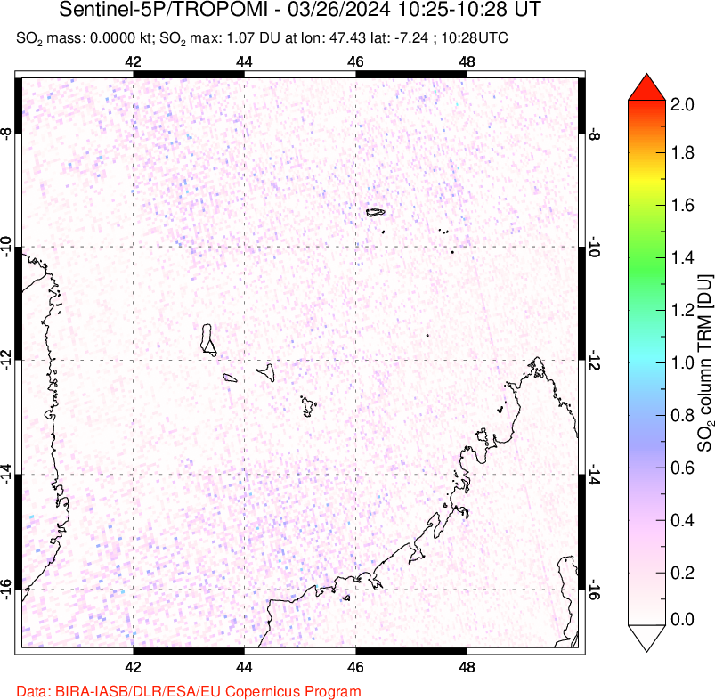 A sulfur dioxide image over Comoro Islands on Mar 26, 2024.