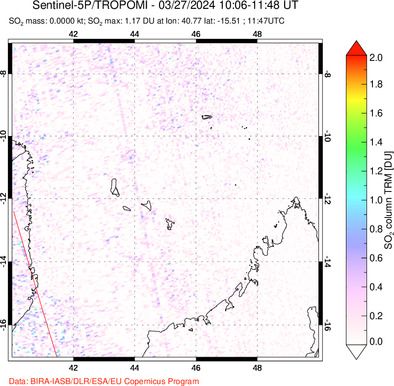 A sulfur dioxide image over Comoro Islands on Mar 27, 2024.