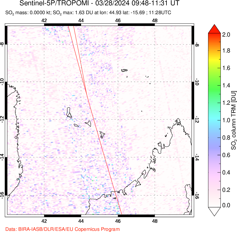 A sulfur dioxide image over Comoro Islands on Mar 28, 2024.