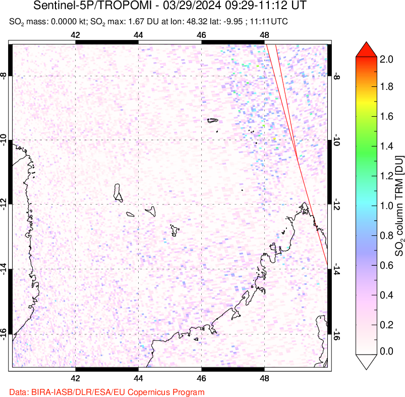 A sulfur dioxide image over Comoro Islands on Mar 29, 2024.