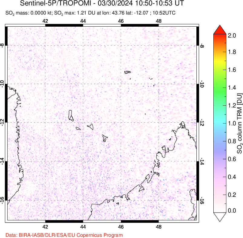 A sulfur dioxide image over Comoro Islands on Mar 30, 2024.