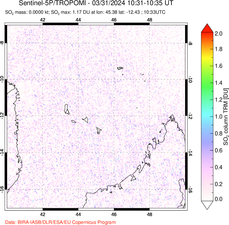 A sulfur dioxide image over Comoro Islands on Mar 31, 2024.