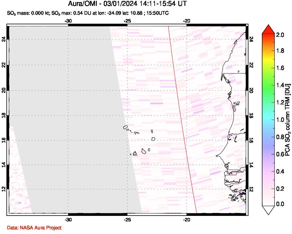 A sulfur dioxide image over Cape Verde Islands on Mar 01, 2024.