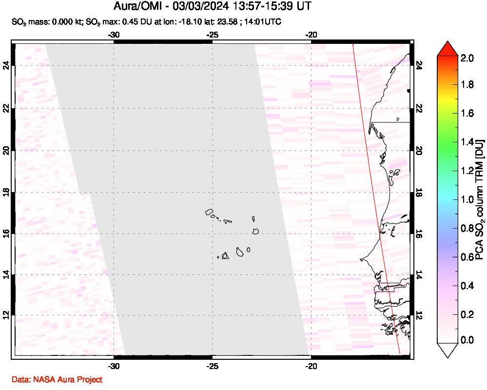 A sulfur dioxide image over Cape Verde Islands on Mar 03, 2024.