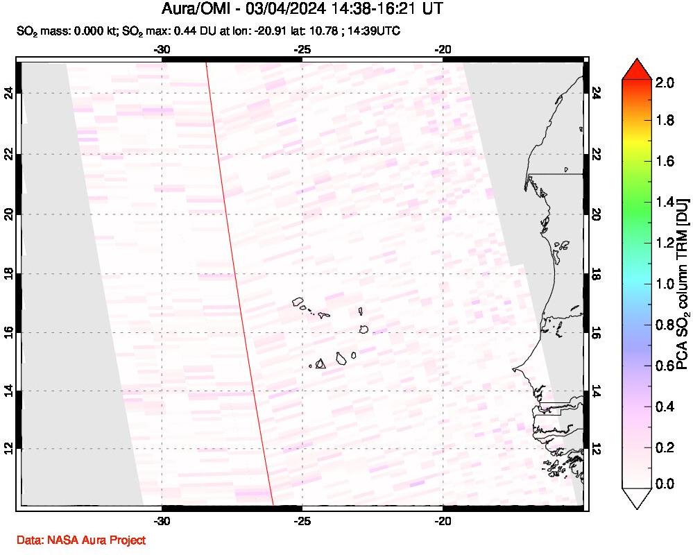 A sulfur dioxide image over Cape Verde Islands on Mar 04, 2024.