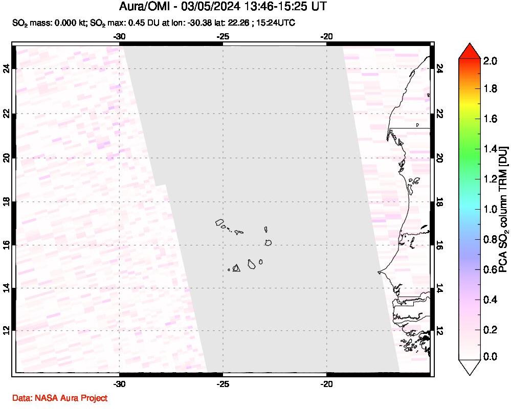 A sulfur dioxide image over Cape Verde Islands on Mar 05, 2024.