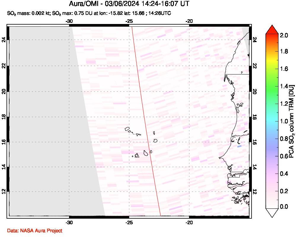 A sulfur dioxide image over Cape Verde Islands on Mar 06, 2024.