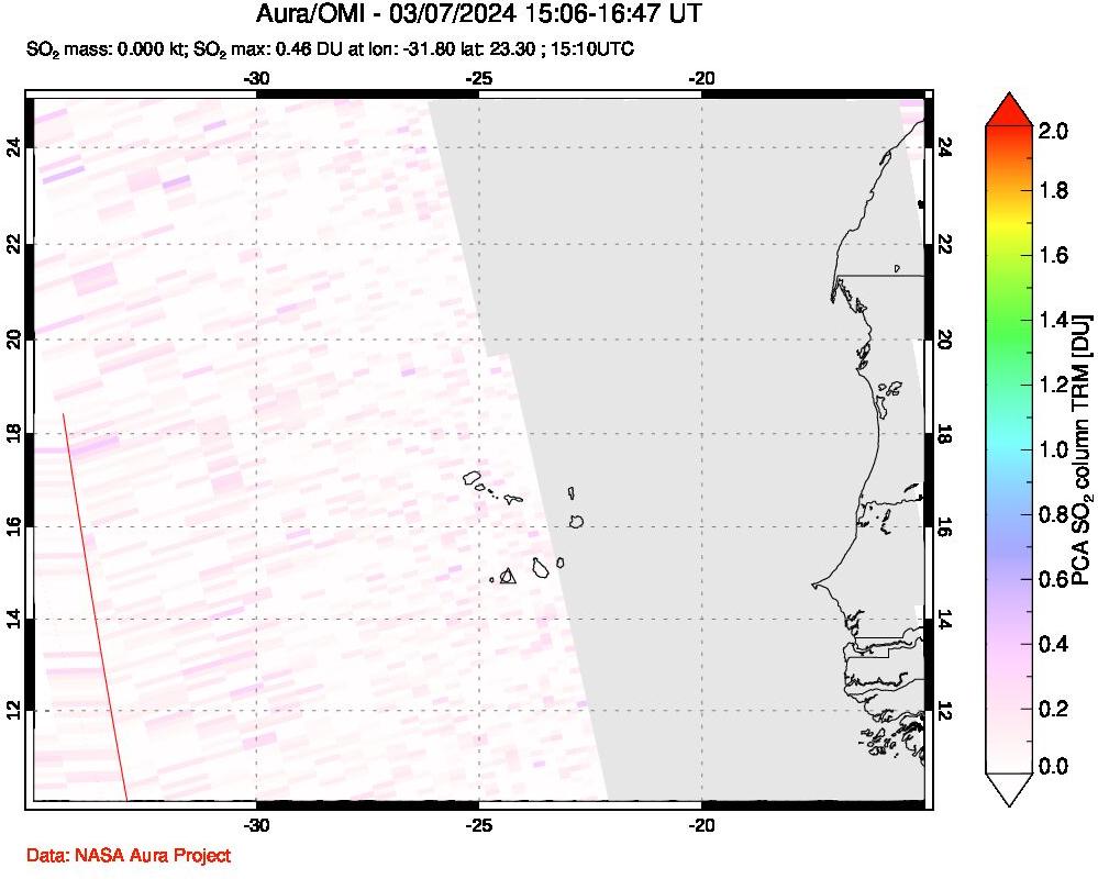 A sulfur dioxide image over Cape Verde Islands on Mar 07, 2024.