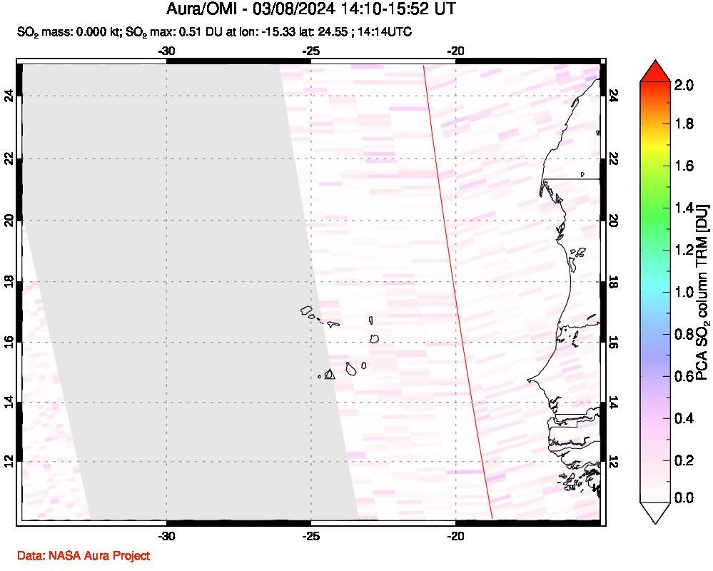 A sulfur dioxide image over Cape Verde Islands on Mar 08, 2024.