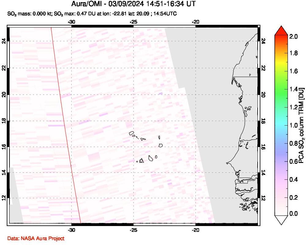 A sulfur dioxide image over Cape Verde Islands on Mar 09, 2024.