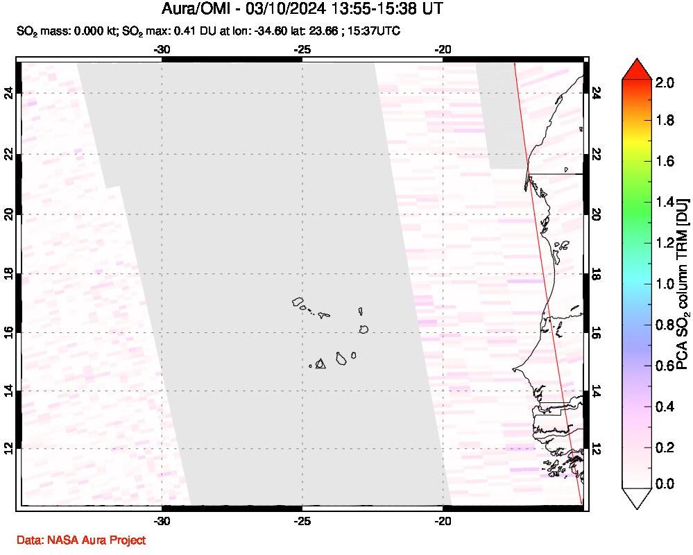 A sulfur dioxide image over Cape Verde Islands on Mar 10, 2024.