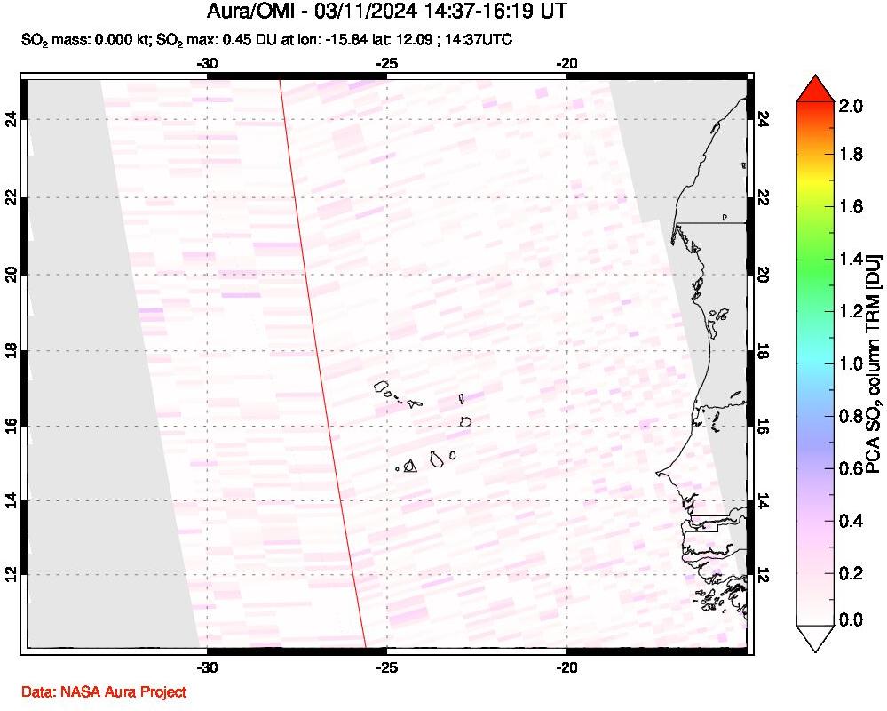 A sulfur dioxide image over Cape Verde Islands on Mar 11, 2024.