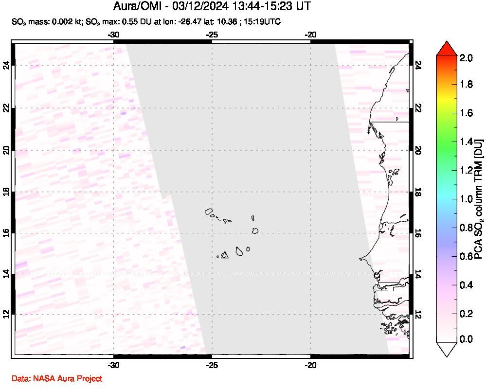 A sulfur dioxide image over Cape Verde Islands on Mar 12, 2024.