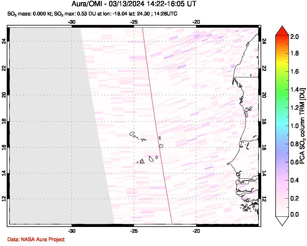 A sulfur dioxide image over Cape Verde Islands on Mar 13, 2024.