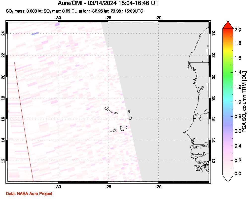 A sulfur dioxide image over Cape Verde Islands on Mar 14, 2024.