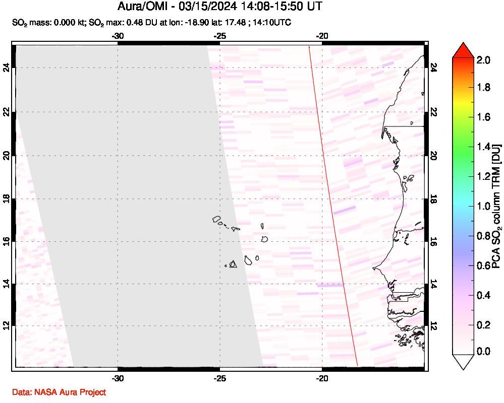 A sulfur dioxide image over Cape Verde Islands on Mar 15, 2024.