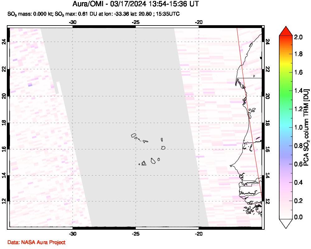 A sulfur dioxide image over Cape Verde Islands on Mar 17, 2024.