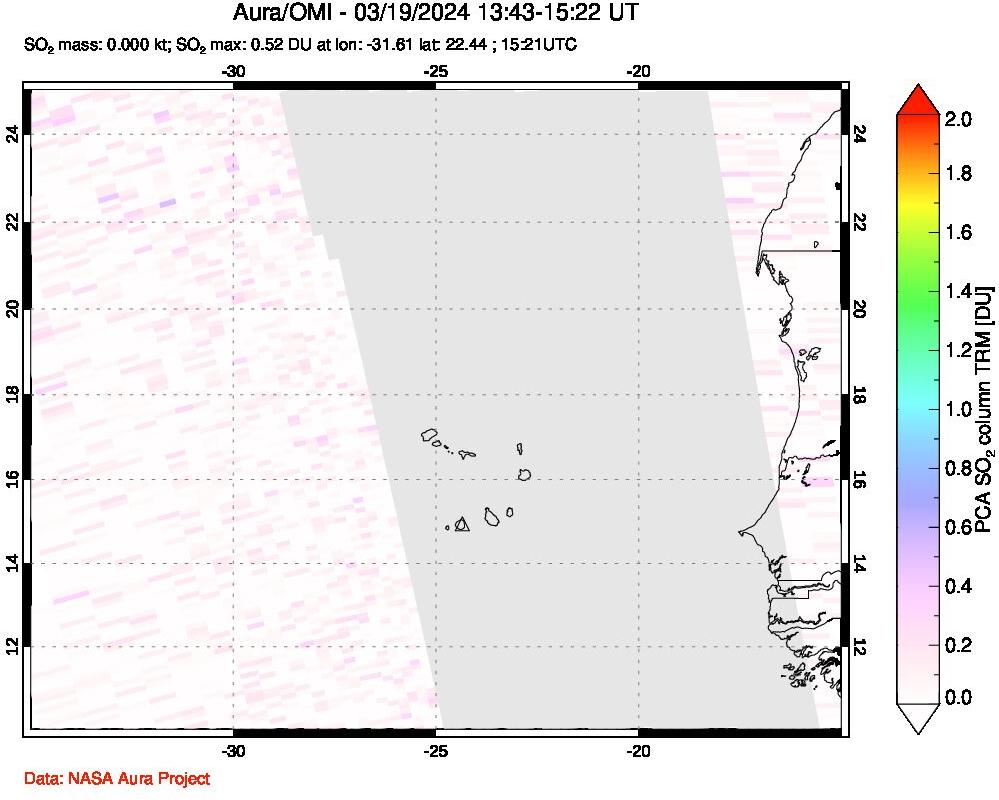 A sulfur dioxide image over Cape Verde Islands on Mar 19, 2024.