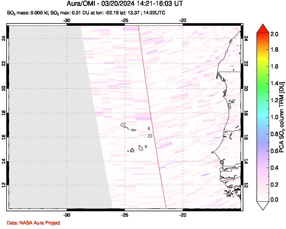 A sulfur dioxide image over Cape Verde Islands on Mar 20, 2024.