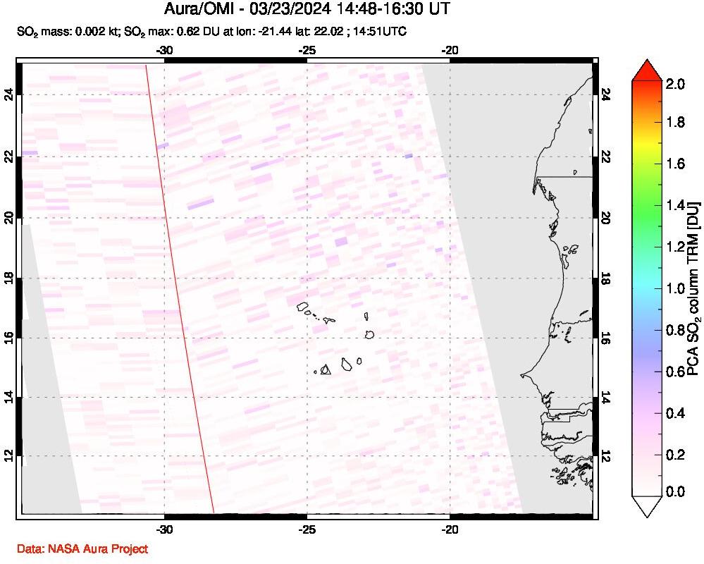 A sulfur dioxide image over Cape Verde Islands on Mar 23, 2024.