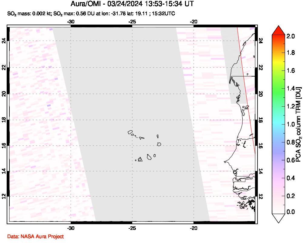 A sulfur dioxide image over Cape Verde Islands on Mar 24, 2024.