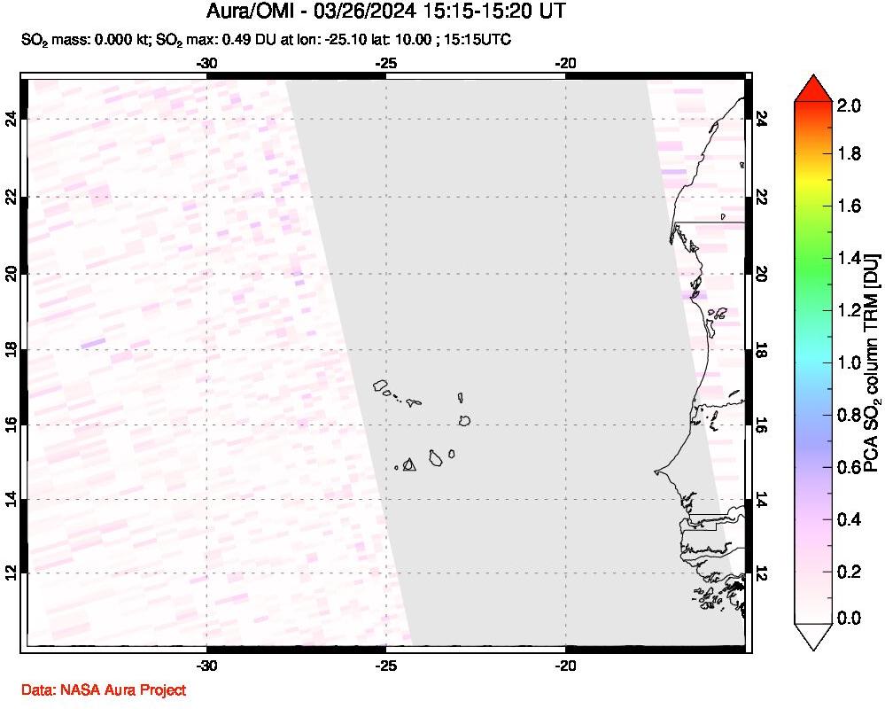 A sulfur dioxide image over Cape Verde Islands on Mar 26, 2024.