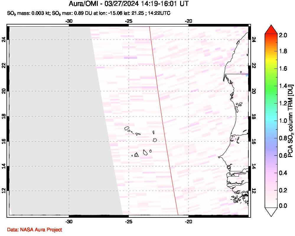 A sulfur dioxide image over Cape Verde Islands on Mar 27, 2024.