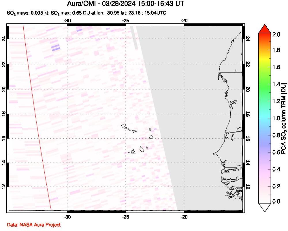 A sulfur dioxide image over Cape Verde Islands on Mar 28, 2024.