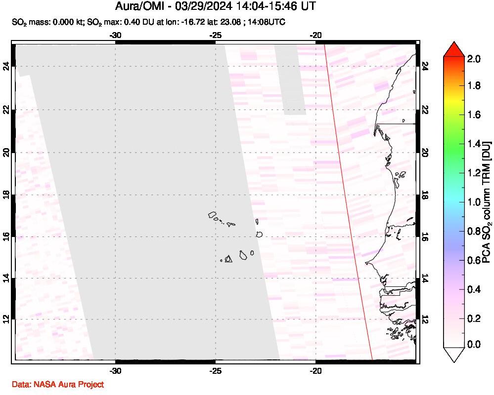 A sulfur dioxide image over Cape Verde Islands on Mar 29, 2024.