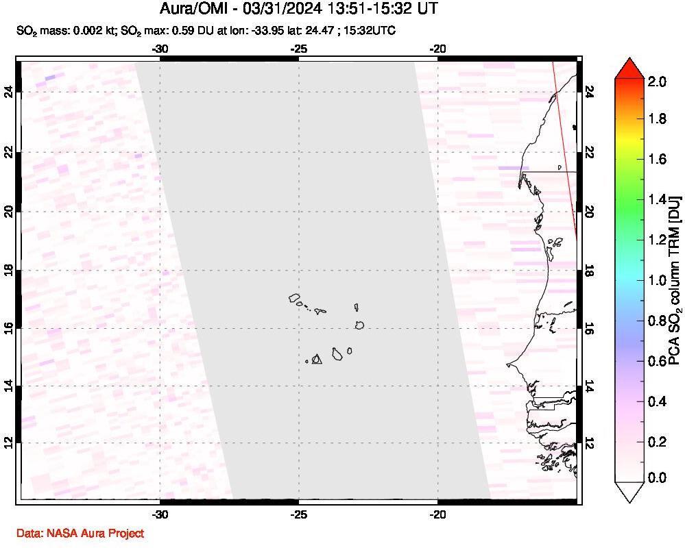 A sulfur dioxide image over Cape Verde Islands on Mar 31, 2024.