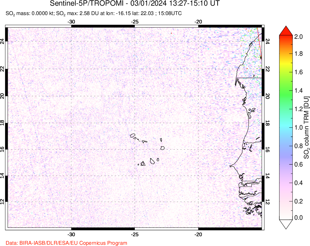 A sulfur dioxide image over Cape Verde Islands on Mar 01, 2024.