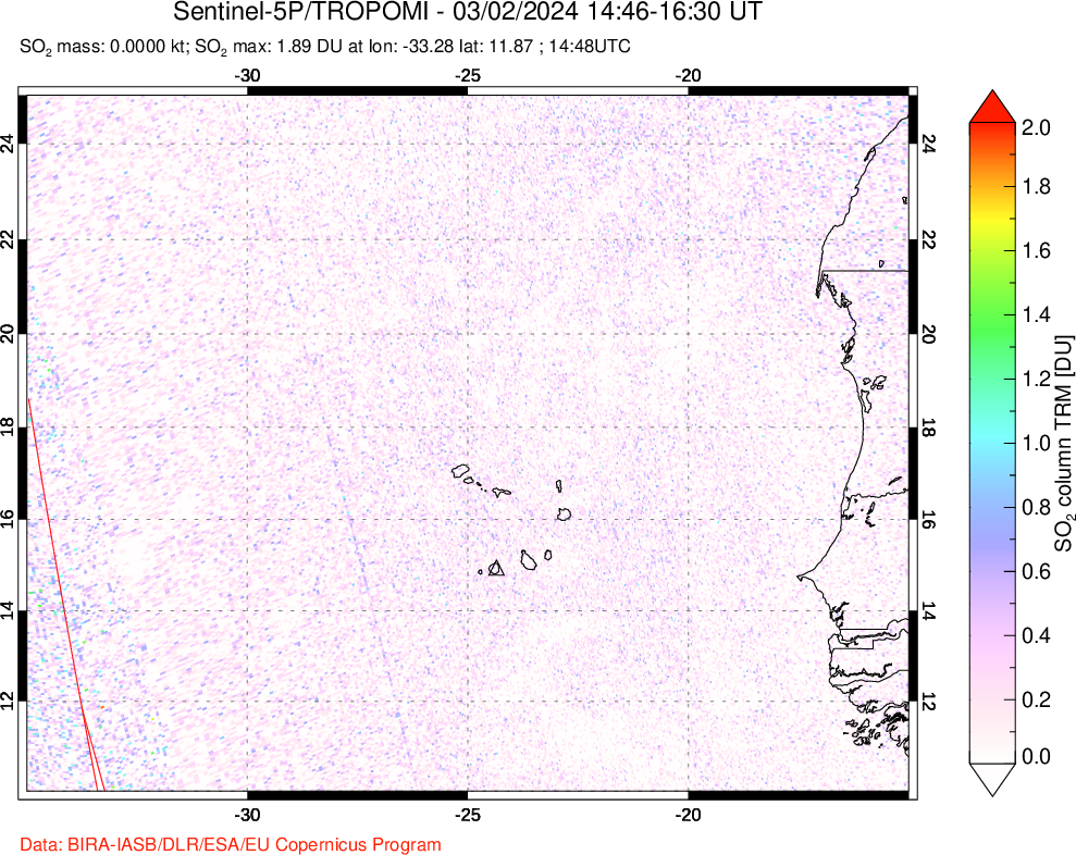 A sulfur dioxide image over Cape Verde Islands on Mar 02, 2024.