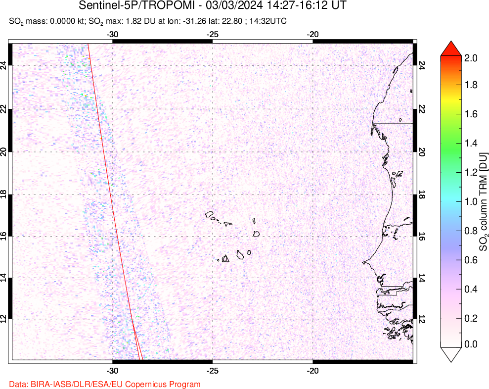 A sulfur dioxide image over Cape Verde Islands on Mar 03, 2024.