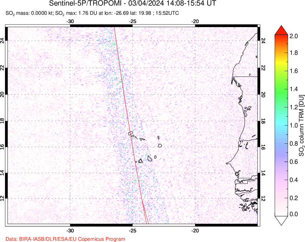 A sulfur dioxide image over Cape Verde Islands on Mar 04, 2024.