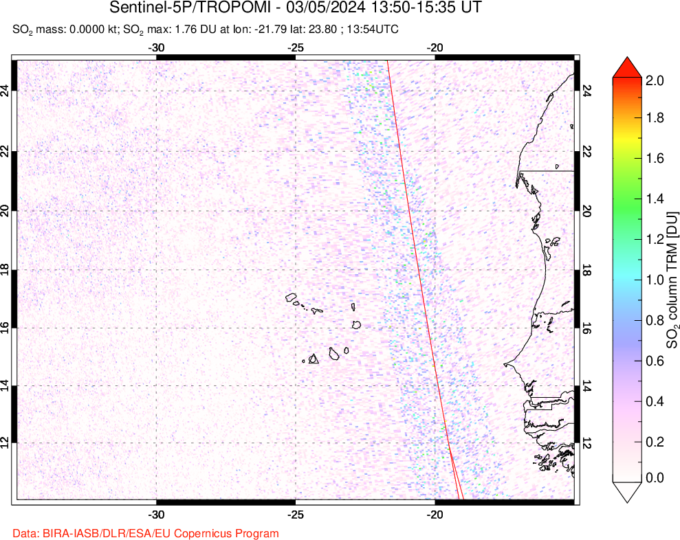 A sulfur dioxide image over Cape Verde Islands on Mar 05, 2024.