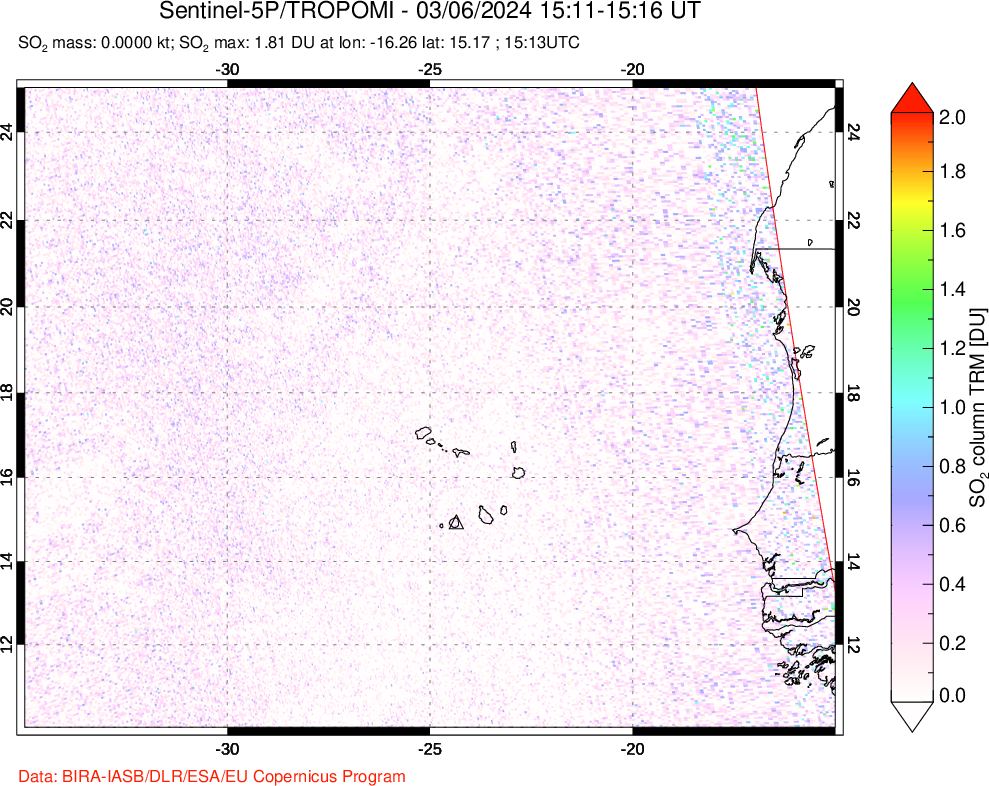 A sulfur dioxide image over Cape Verde Islands on Mar 06, 2024.