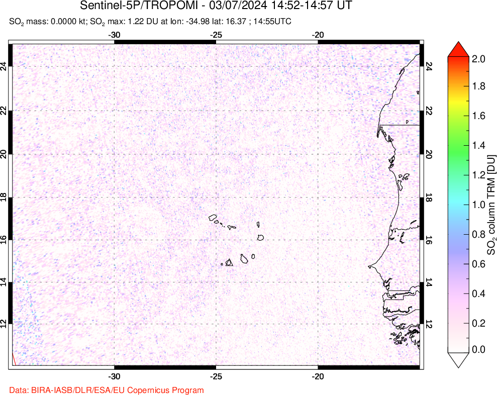 A sulfur dioxide image over Cape Verde Islands on Mar 07, 2024.