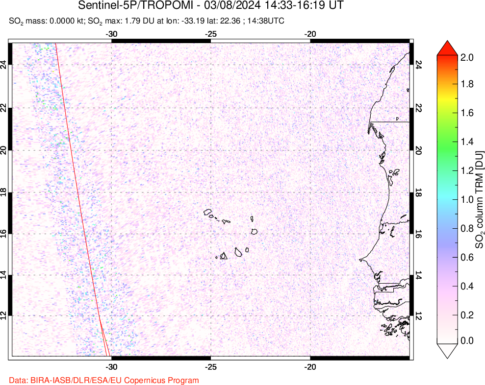 A sulfur dioxide image over Cape Verde Islands on Mar 08, 2024.