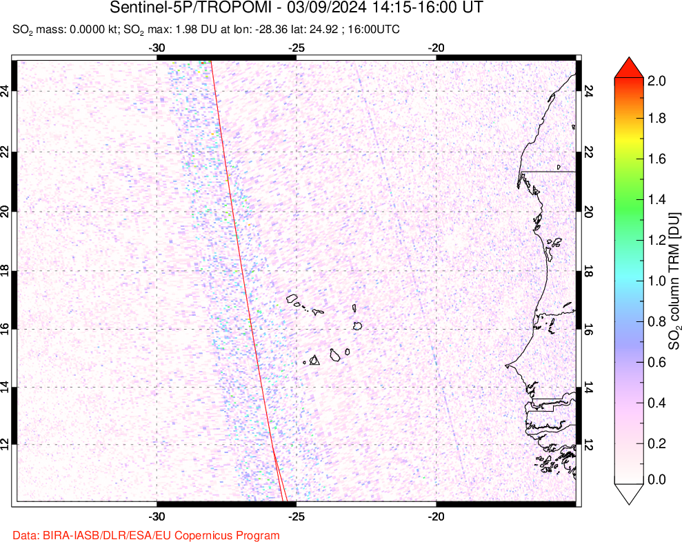 A sulfur dioxide image over Cape Verde Islands on Mar 09, 2024.